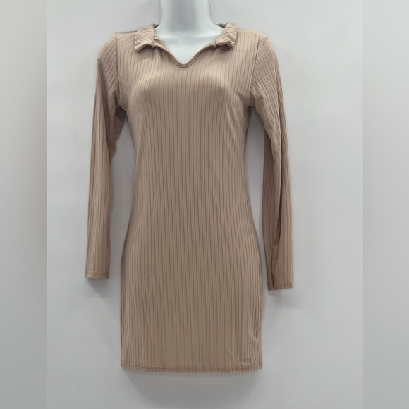 Boohoo Camel Ribbed Collar Detail Long Sleeve Bodycon Dress Size 6 - Picture 1 of 11